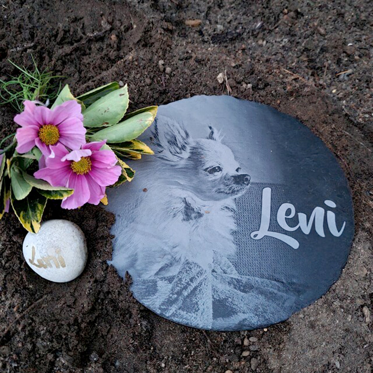 Runde Tiergedenktafel personalisiert mit Foto und Wunschtext