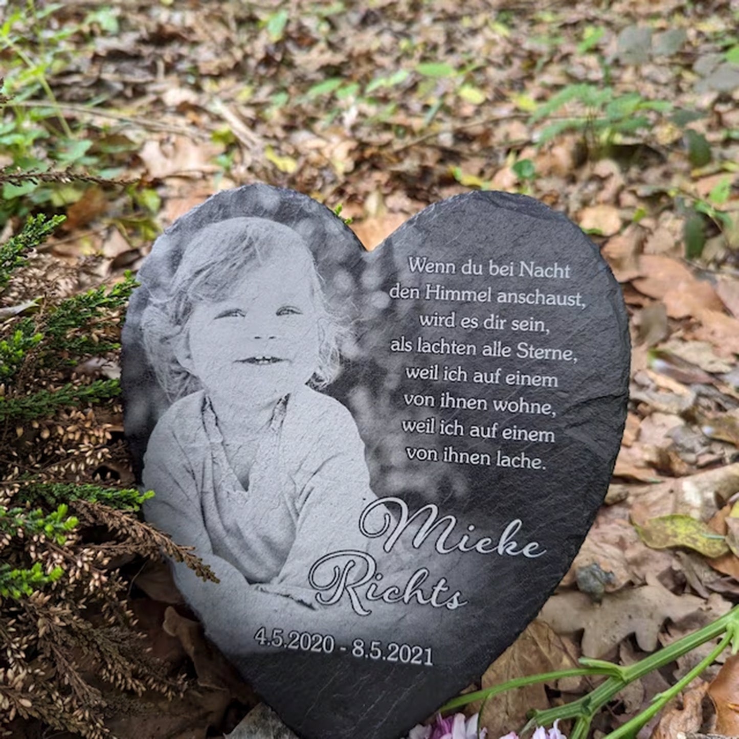 Herz Gedenktafel personalisiert mit Foto und Wunschtext ab 15x17 cm