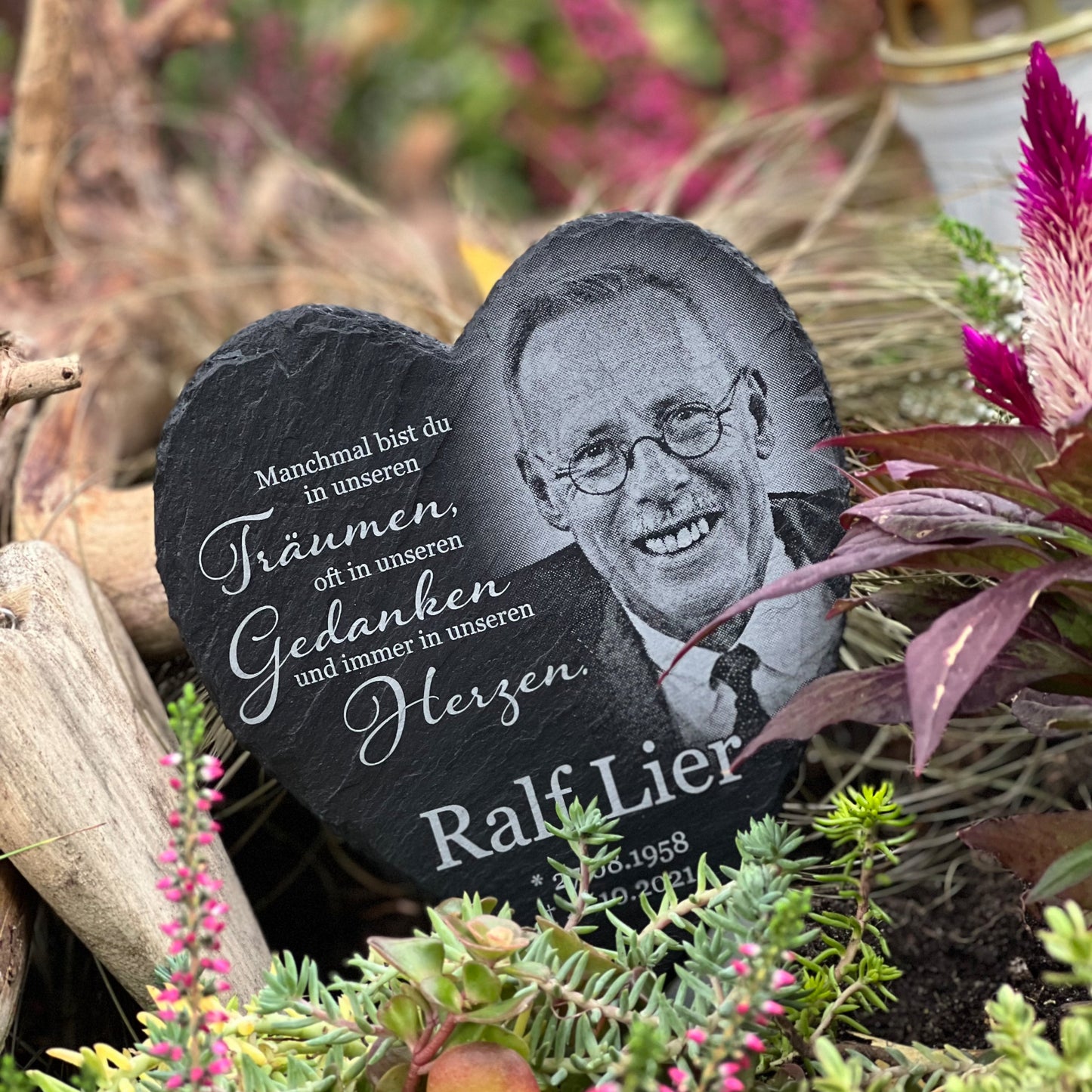 Herz Gedenktafel personalisiert mit Foto und Wunschtext ab 15x17 cm