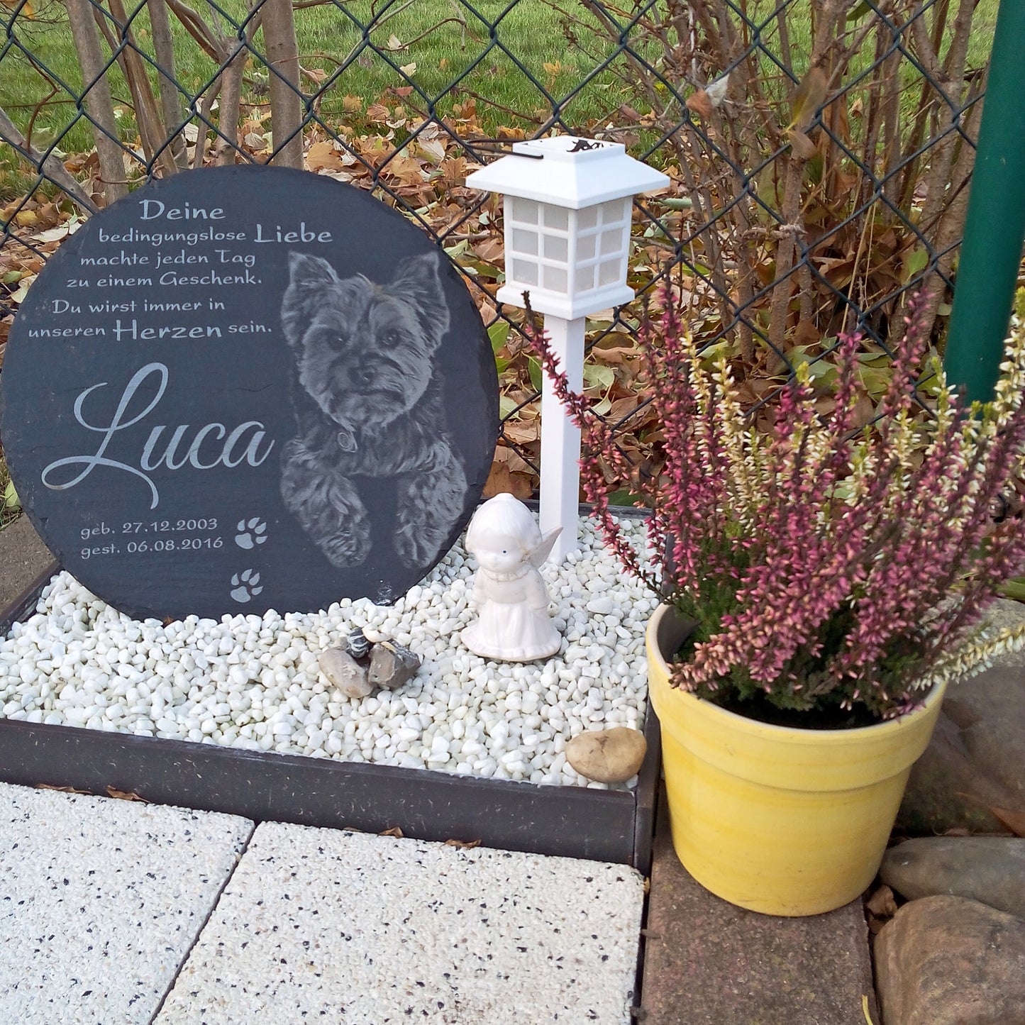 Runde Tiergedenktafel personalisiert mit Foto und Wunschtext