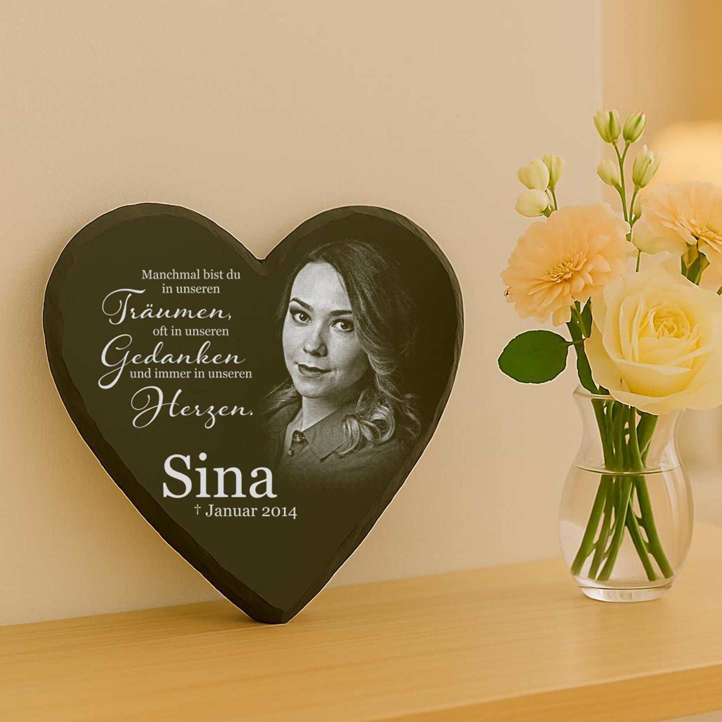Herz Gedenktafel personalisiert mit Foto und Wunschtext ab 15x17 cm