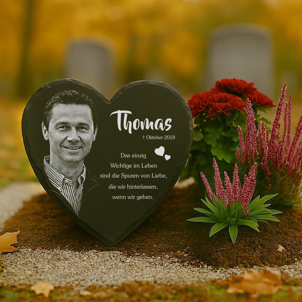 Herz Gedenktafel personalisiert mit Foto und Wunschtext ab 15x17 cm