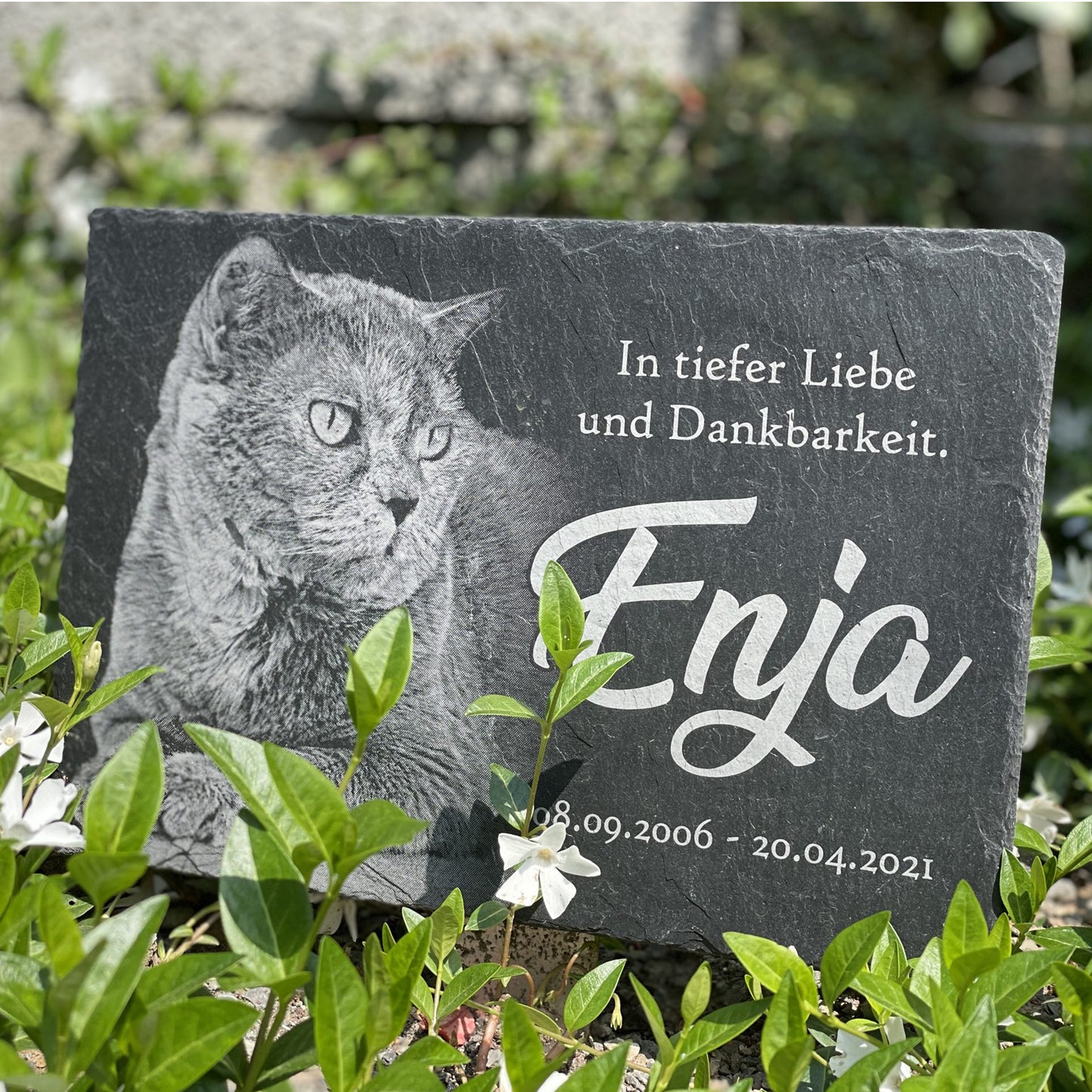 Eckige Tiergedenktafel personalisiert mit Foto und Wunschtext