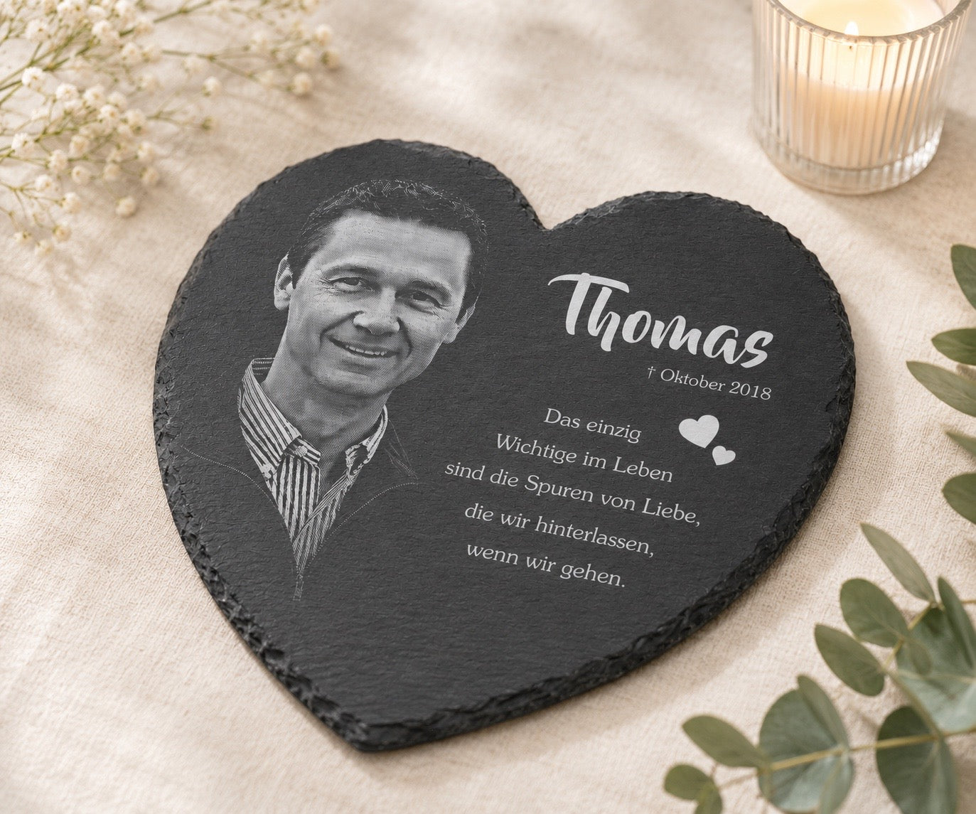 Herz Gedenktafel personalisiert mit Foto aus Schiefer als Grabschmuck