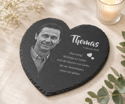 Herz Gedenktafel personalisiert mit Foto aus Schiefer als Grabschmuck