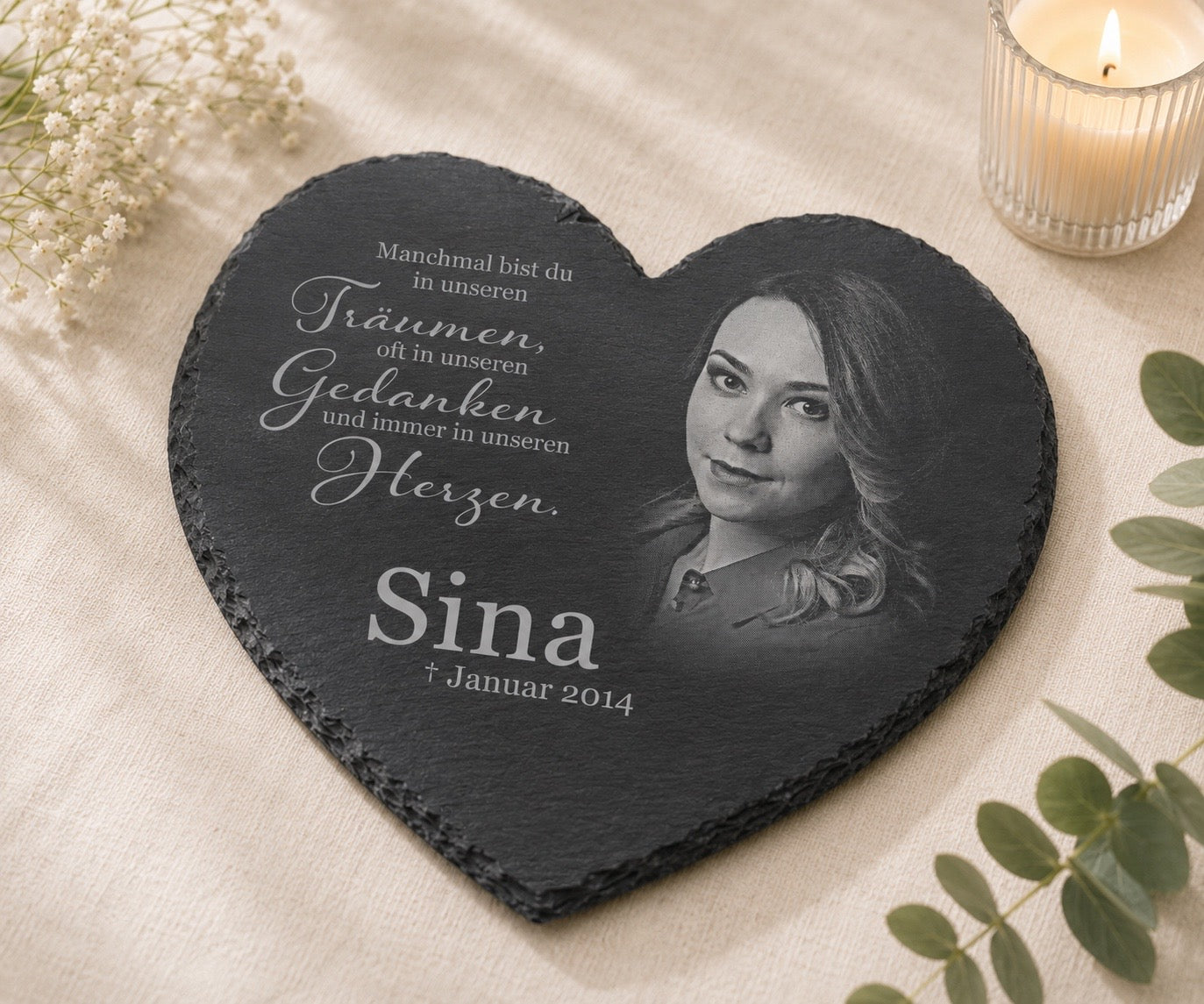 Herz Gedenktafel personalisiert mit Foto aus Schiefer als Grabschmuck