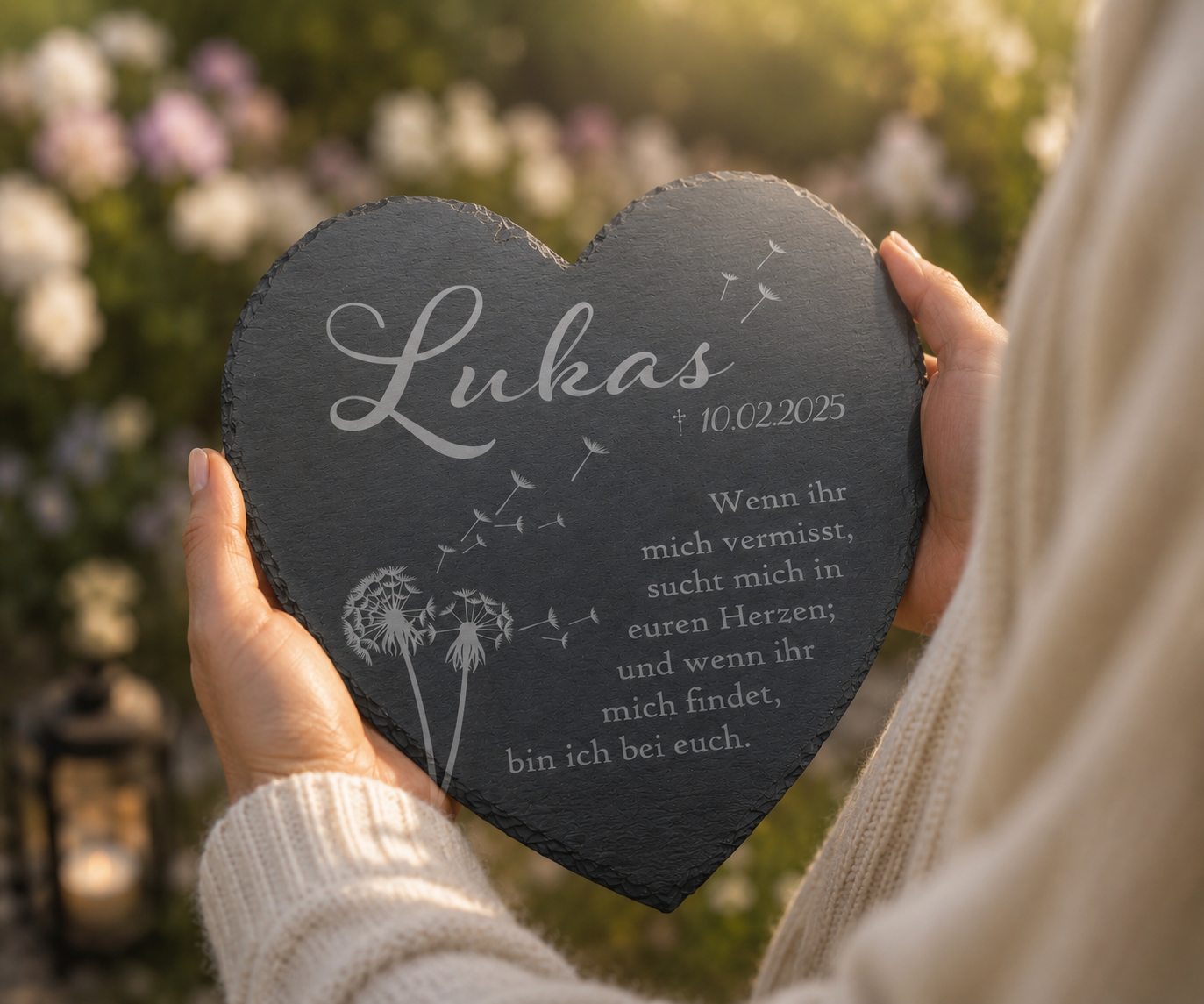 Gedenkherz personalisiert mit Namen aus Schiefer - "Wenn ihr mich vermisst..."