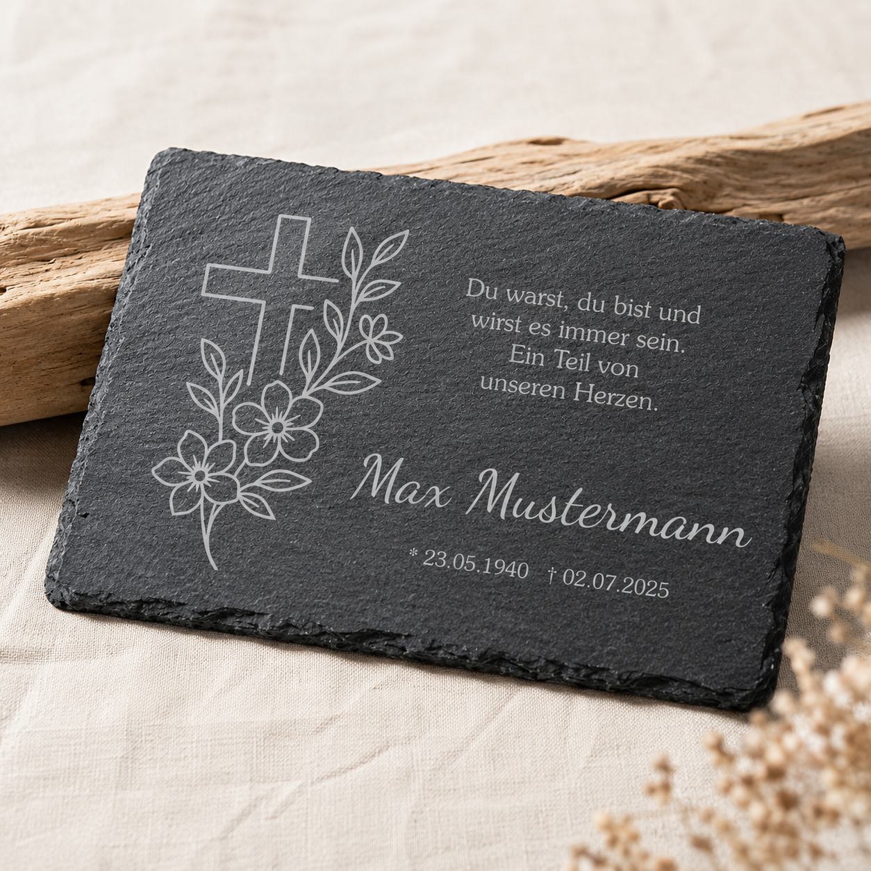 Personalisierte eckige Schiefertafel mit Namen & Datum – Gedenktafel mit Kreuz floral