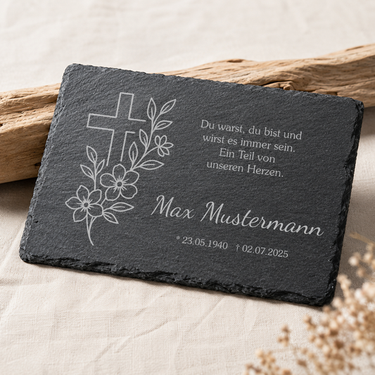 Personalisierte eckige Schiefertafel mit Namen & Datum – Gedenktafel mit Kreuz floral
