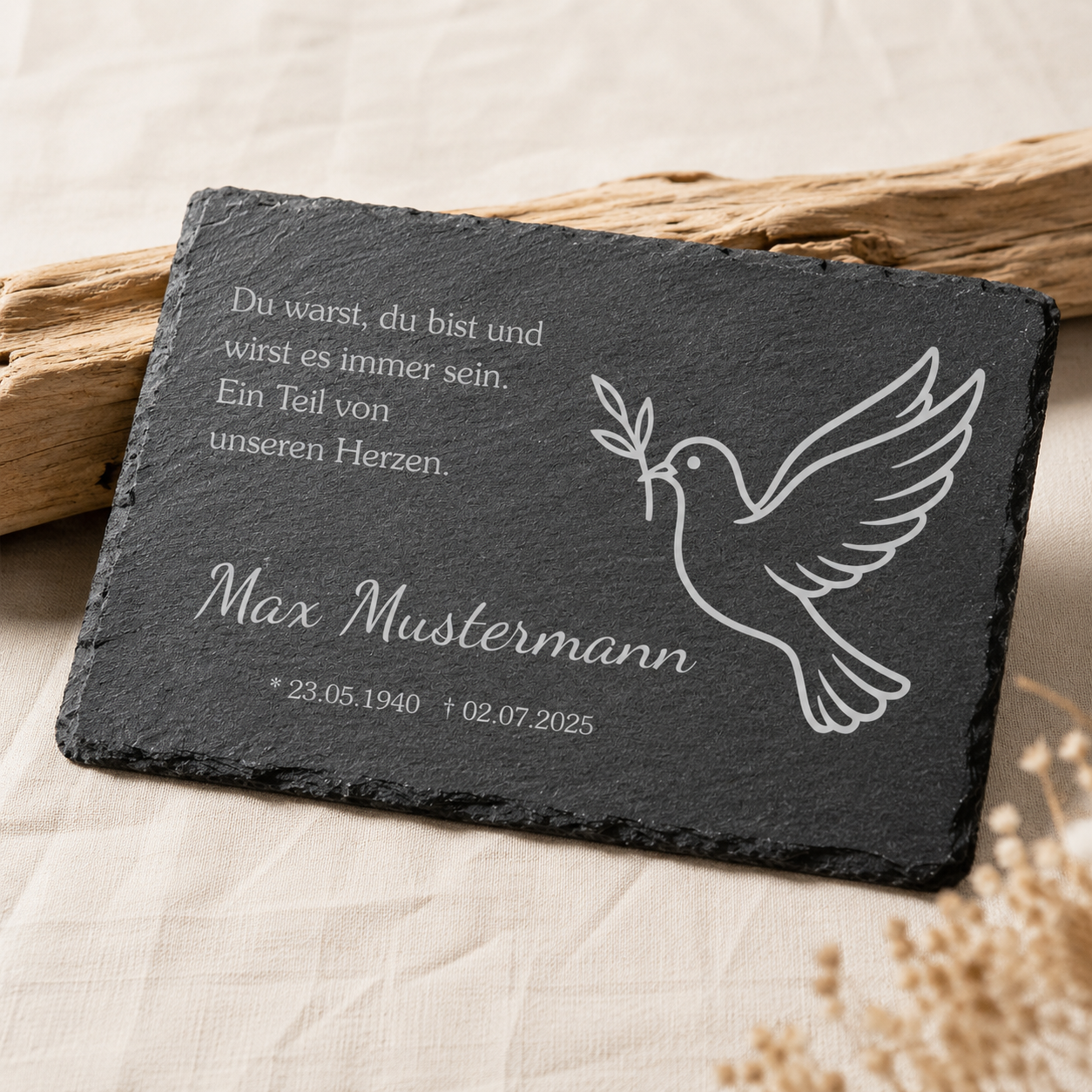 Personalisierte eckige Schiefertafel mit Namen & Datum – Gedenktafel mit Taube