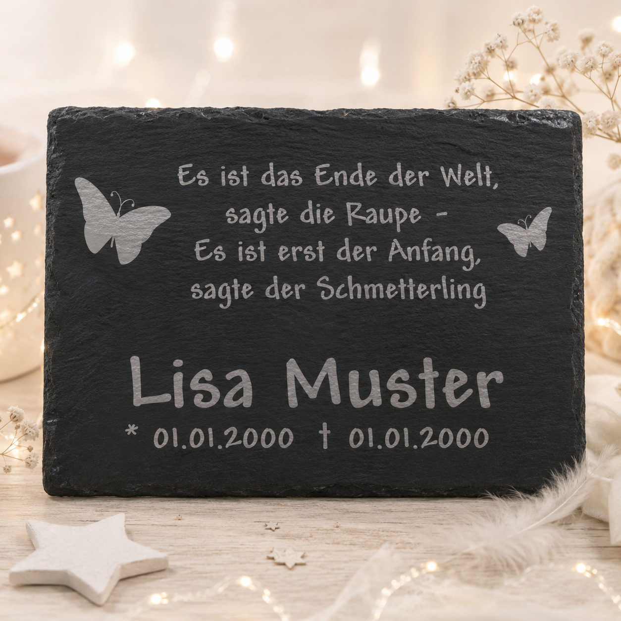 Gedenkstein für Sternenkinder personalisiert mit Namen aus Schiefer - Motiv „Schmetterling“