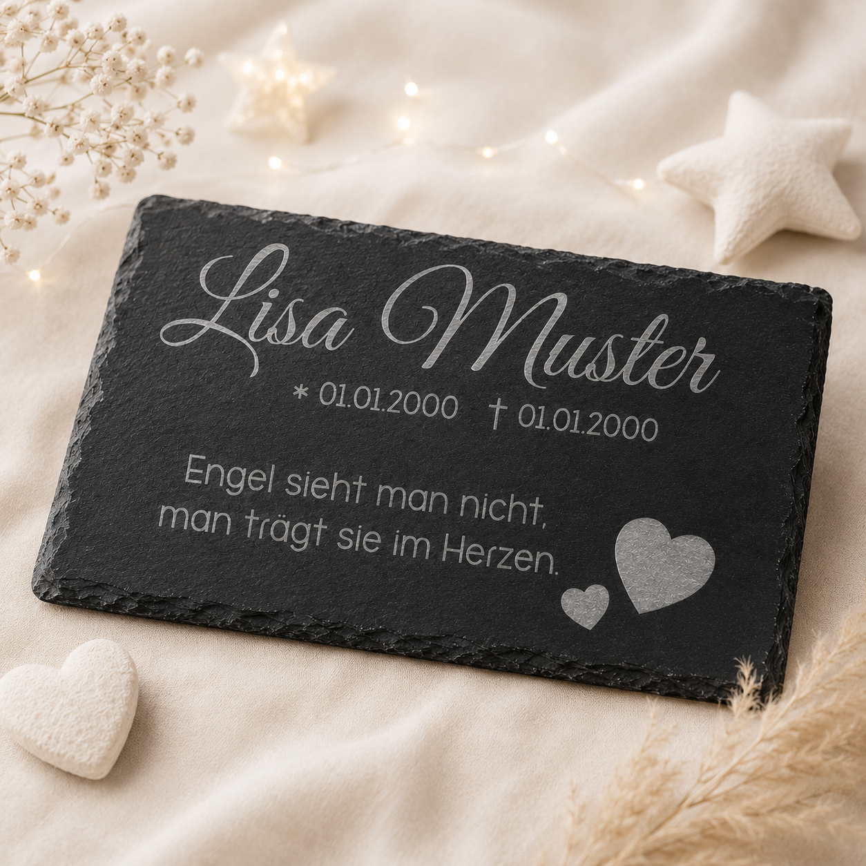 Gedenkstein für Sternenkinder personalisiert mit Namen aus Schiefer - Motiv „Herzen“