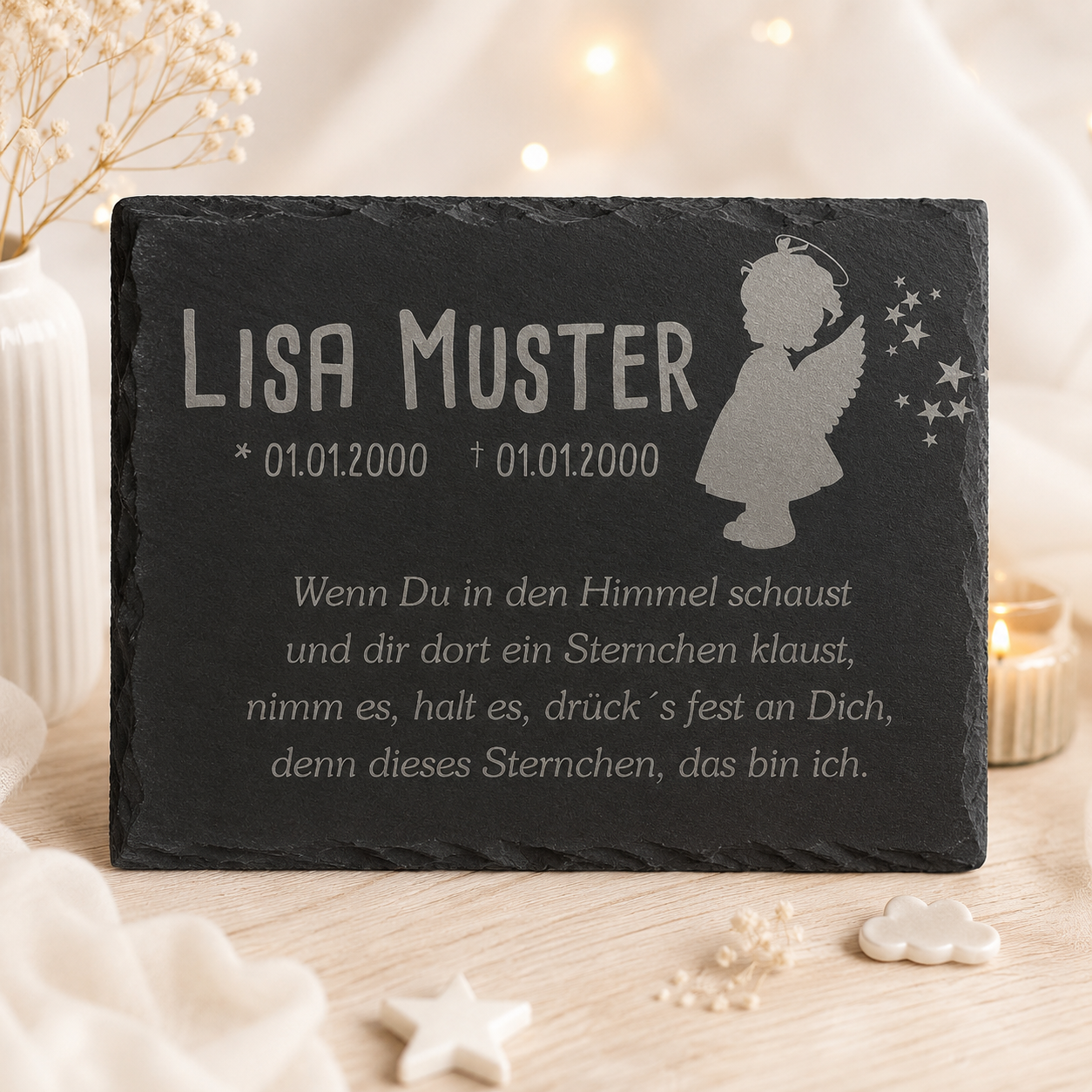 Gedenkstein für Sternenkinder personalisiert mit Namen aus Schiefer - Motiv „Engel Mädchen“