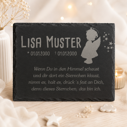 Gedenkstein für Sternenkinder personalisiert mit Namen aus Schiefer - Motiv „Engel Mädchen“