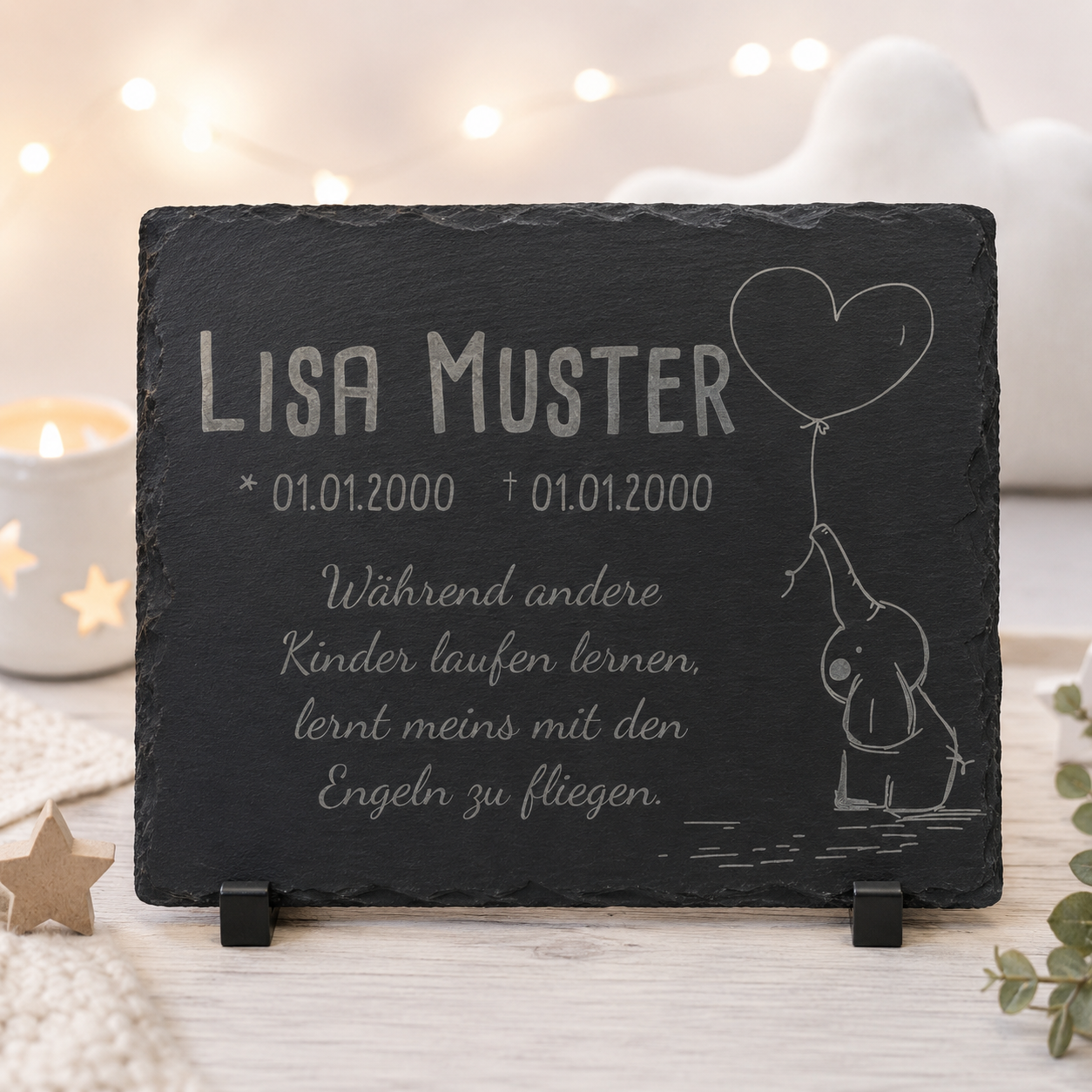 Gedenkstein für Sternenkinder personalisiert mit Namen aus Schiefer - Motiv „Luftballon“