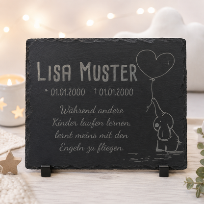 Gedenkstein für Sternenkinder personalisiert mit Namen aus Schiefer - Motiv „Luftballon“