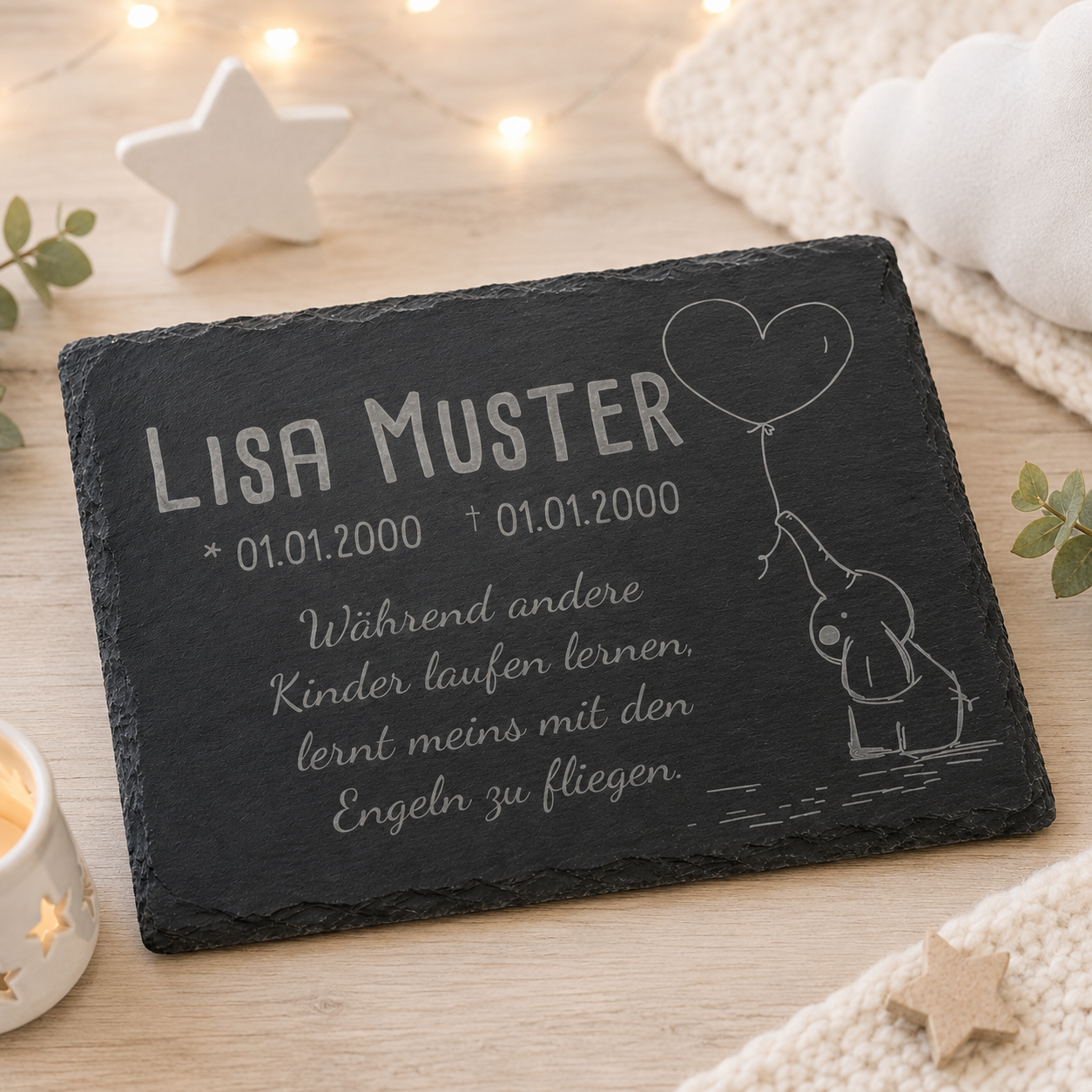 Gedenkstein für Sternenkinder personalisiert mit Namen aus Schiefer - Motiv „Luftballon“