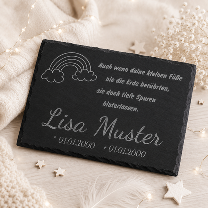 Gedenkstein für Sternenkinder personalisiert mit Namen aus Schiefer - Motiv „Regenbogen“