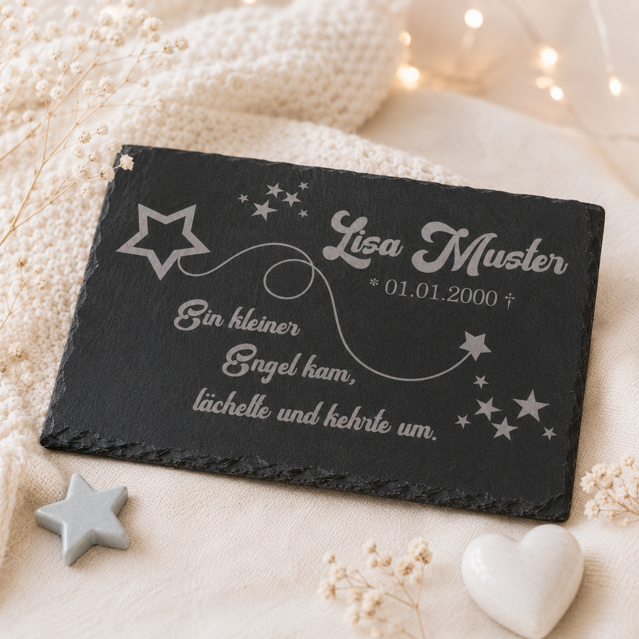 Gedenkstein für Sternenkinder personalisiert mit Namen aus Schiefer - Motiv „Sternschnuppe“