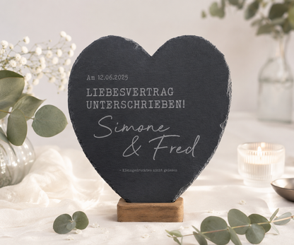 Personalisiertes Schieferherz zur Hochzeit - "Liebesvertrag"