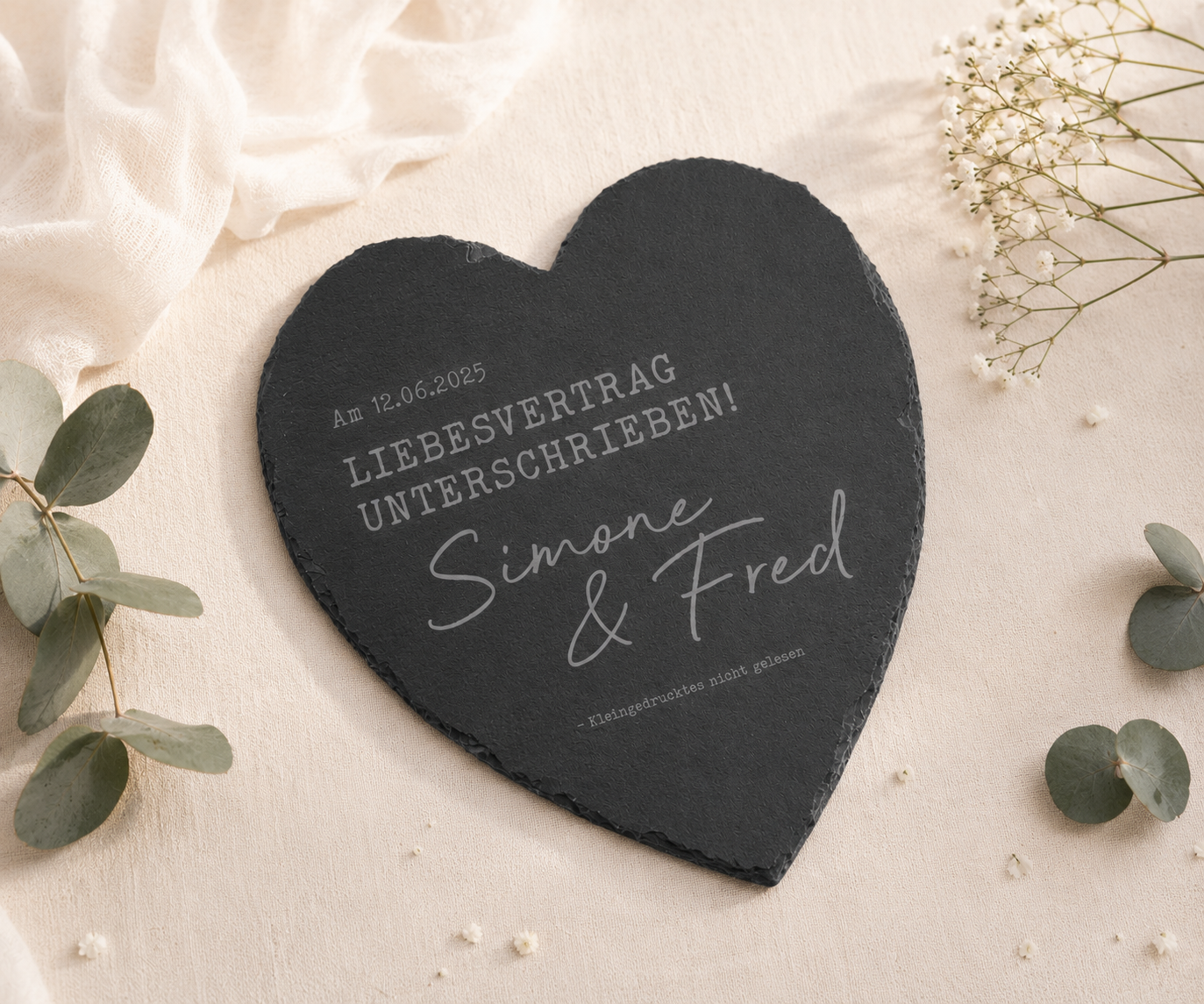 Personalisiertes Schieferherz zur Hochzeit - "Liebesvertrag"