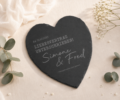 Personalisiertes Schieferherz zur Hochzeit - "Liebesvertrag"