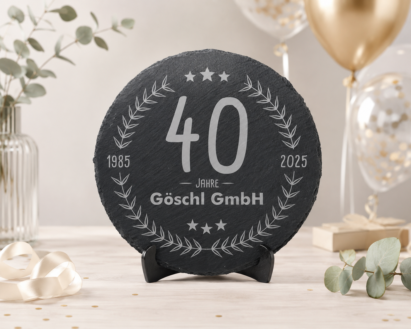 Personalisiertes Geschenk zum Jubiläum - runde Schiefertafel  – Firmenjubiläum und Jahrestag