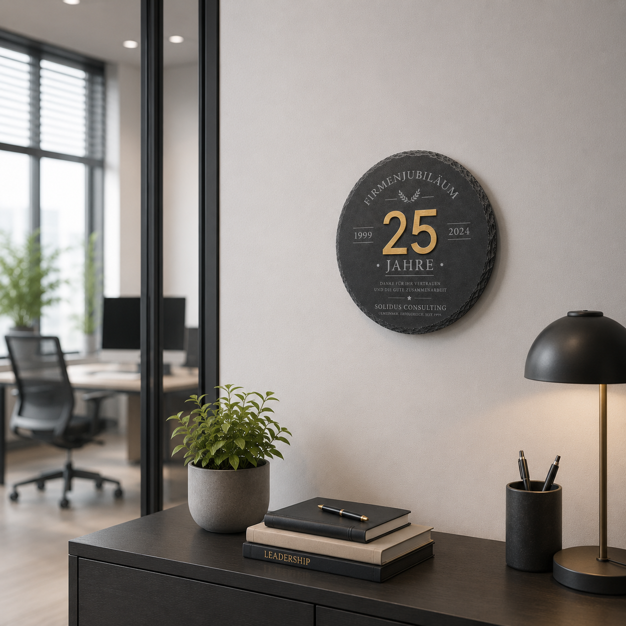 Schieferplatte zum Firmenjubiläum mit goldener Acrylzahl – Persönliches Geschenk zum Jubiläum