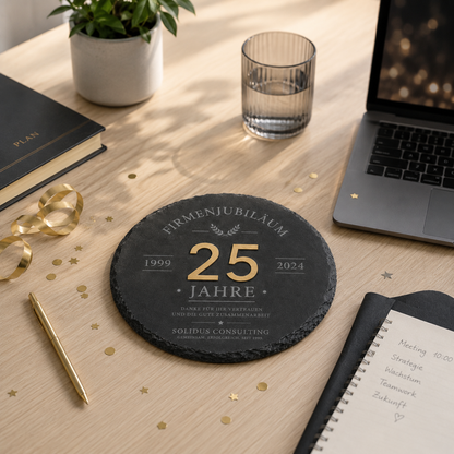 Schieferplatte zum Firmenjubiläum mit goldener Acrylzahl – Persönliches Geschenk zum Jubiläum