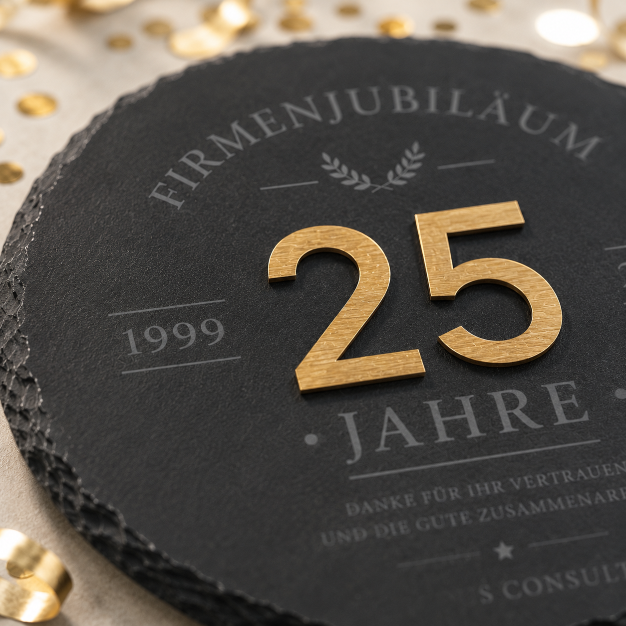 Schieferplatte zum Firmenjubiläum mit goldener Acrylzahl – Persönliches Geschenk zum Jubiläum