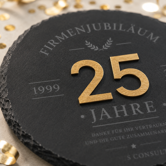 Schieferplatte zum Firmenjubiläum mit goldener Acrylzahl – Persönliches Geschenk zum Jubiläum