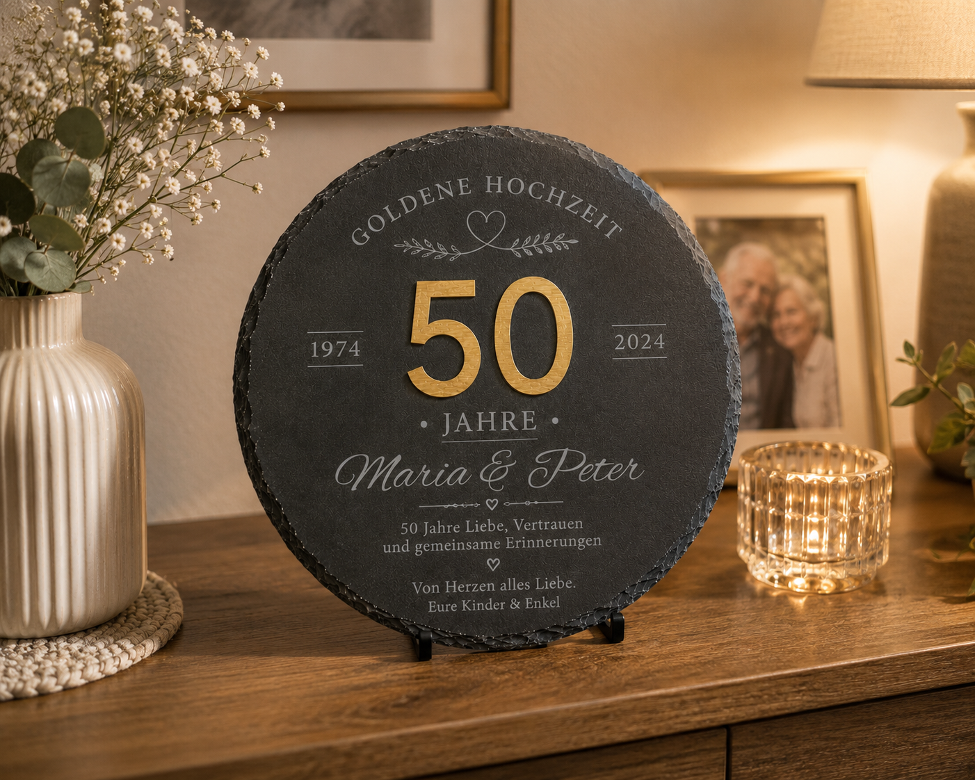 Schieferplatte zur Goldenen Hochzeit mit goldener Acrylzahl – Personalisiertes Geschenk zum 50. Hochzeitstag