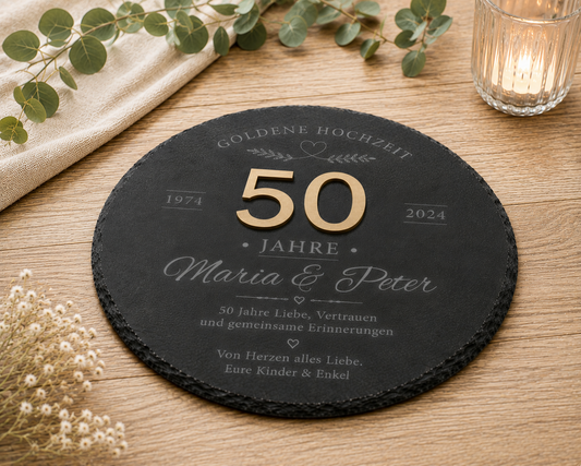Schieferplatte zur Goldenen Hochzeit mit goldener Acrylzahl – Personalisiertes Geschenk zum 50. Hochzeitstag