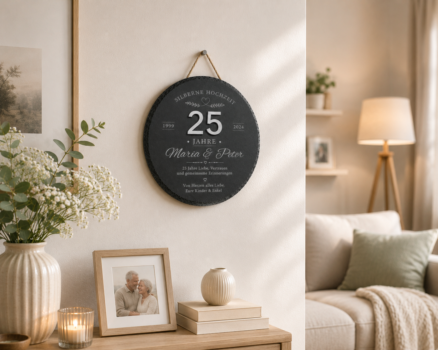 Schieferplatte zur Silbernen Hochzeit mit silberner Acrylzahl – Personalisiertes Geschenk zum 25. Hochzeitstag
