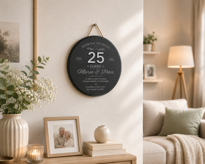 Schieferplatte zur Silbernen Hochzeit mit silberner Acrylzahl – Personalisiertes Geschenk zum 25. Hochzeitstag
