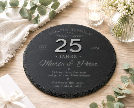 Schieferplatte zur Silbernen Hochzeit mit silberner Acrylzahl – Personalisiertes Geschenk zum 25. Hochzeitstag