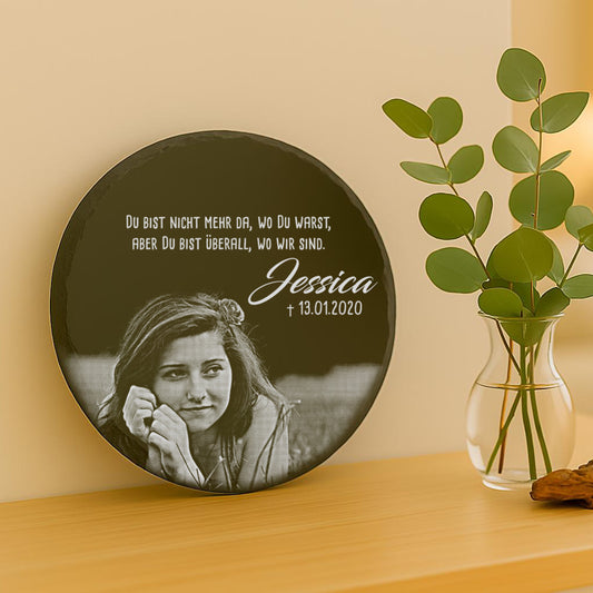 Runde Gedenktafel personalisiert mit Foto und Wunschtext