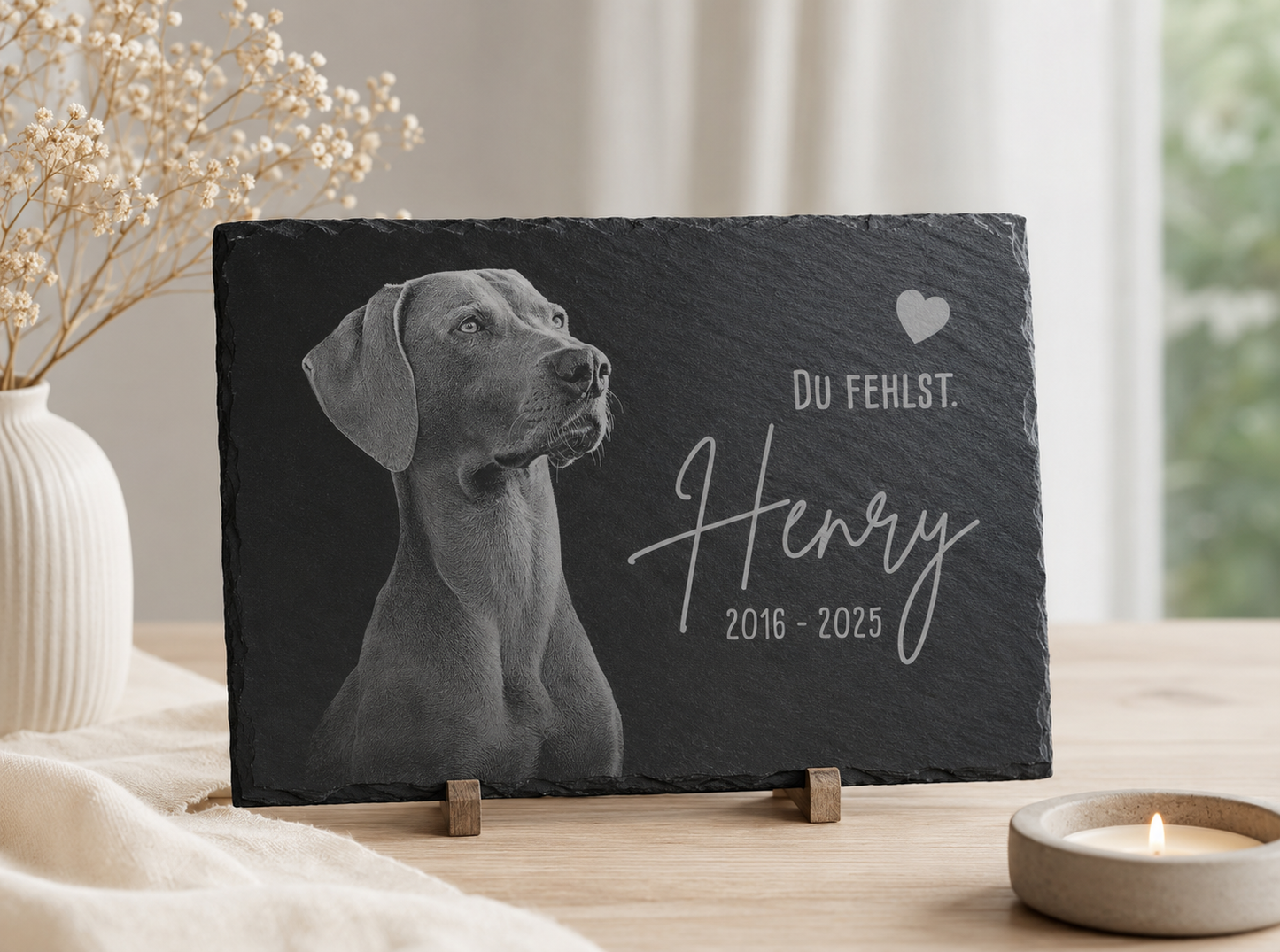 Tier Grabtafel eckig für Hund oder Katze personalisiert aus Schiefer mit Foto-Gravur