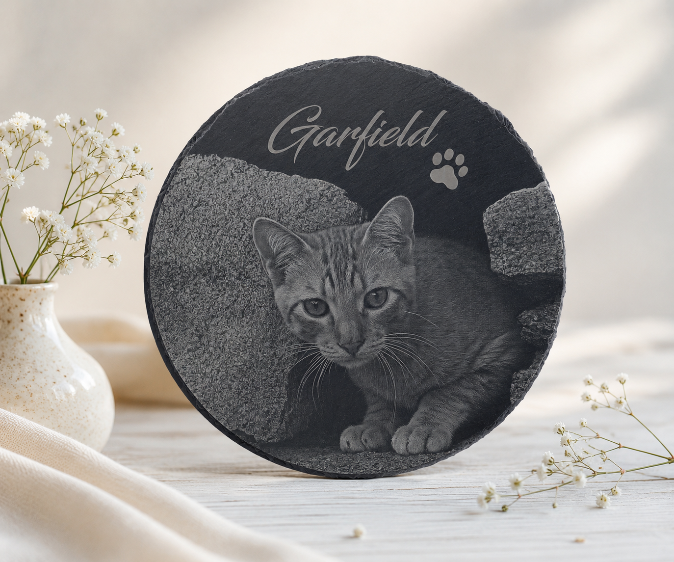 Tier Gedenktafel rund für Hund oder Katze personalisiert mit Foto-Gravur aus Schiefer
