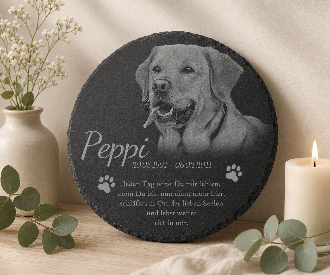Tier Gedenktafel rund für Hund oder Katze personalisiert mit Foto-Gravur aus Schiefer