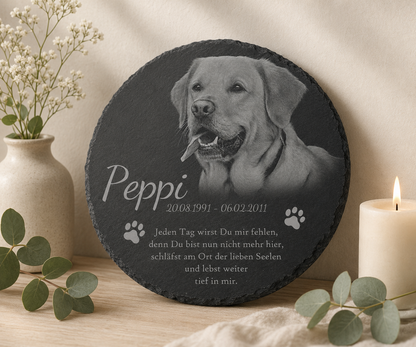 Tier Gedenktafel rund für Hund oder Katze personalisiert mit Foto-Gravur aus Schiefer