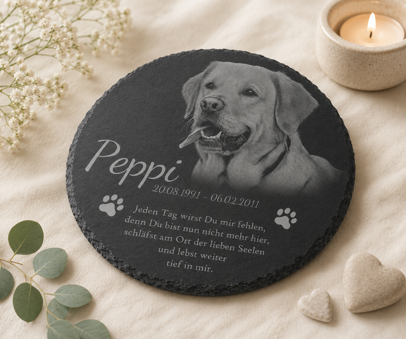 Tier Gedenktafel rund für Hund oder Katze personalisiert mit Foto-Gravur aus Schiefer