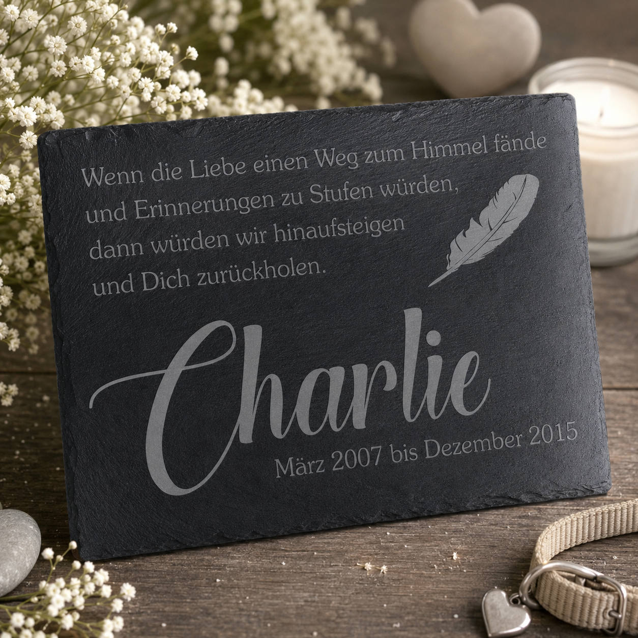 Gedenktafel personalisiert für Tiere aus Schiefer - Motiv "Feder"