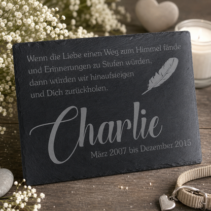 Gedenktafel personalisiert für Tiere aus Schiefer - Motiv "Feder"