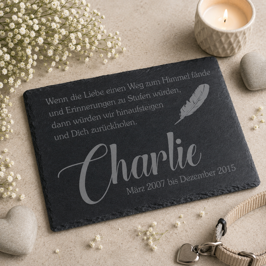 Gedenktafel personalisiert für Tiere aus Schiefer - Motiv "Feder"