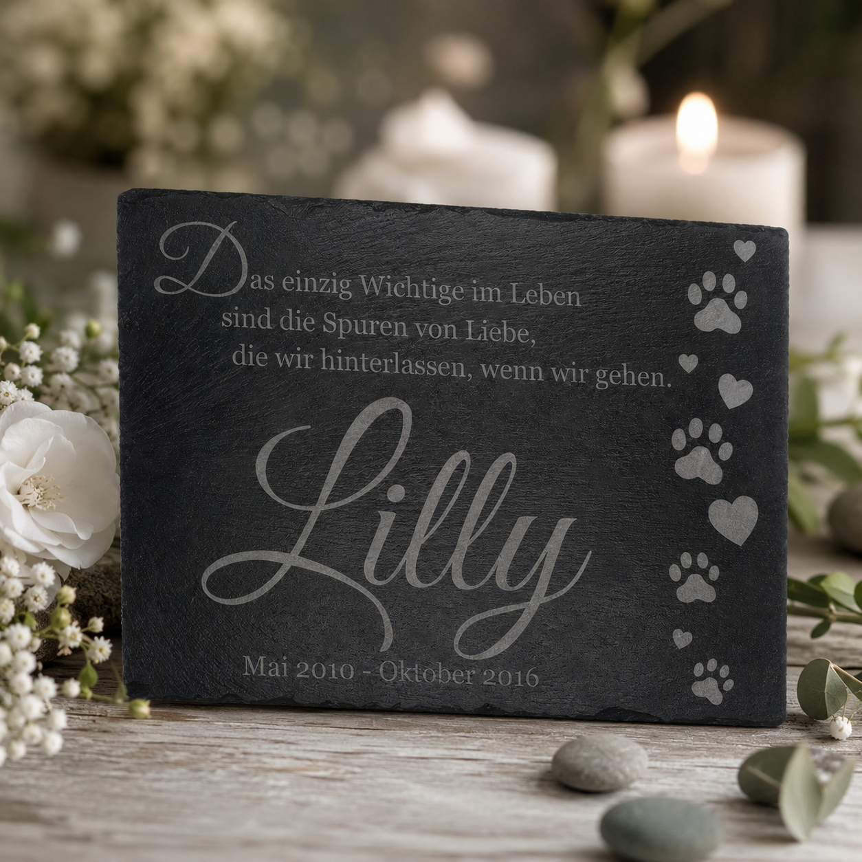 Gedenktafel personalisiert für Tiere aus Schiefer - Motiv "Katzenpfoten"