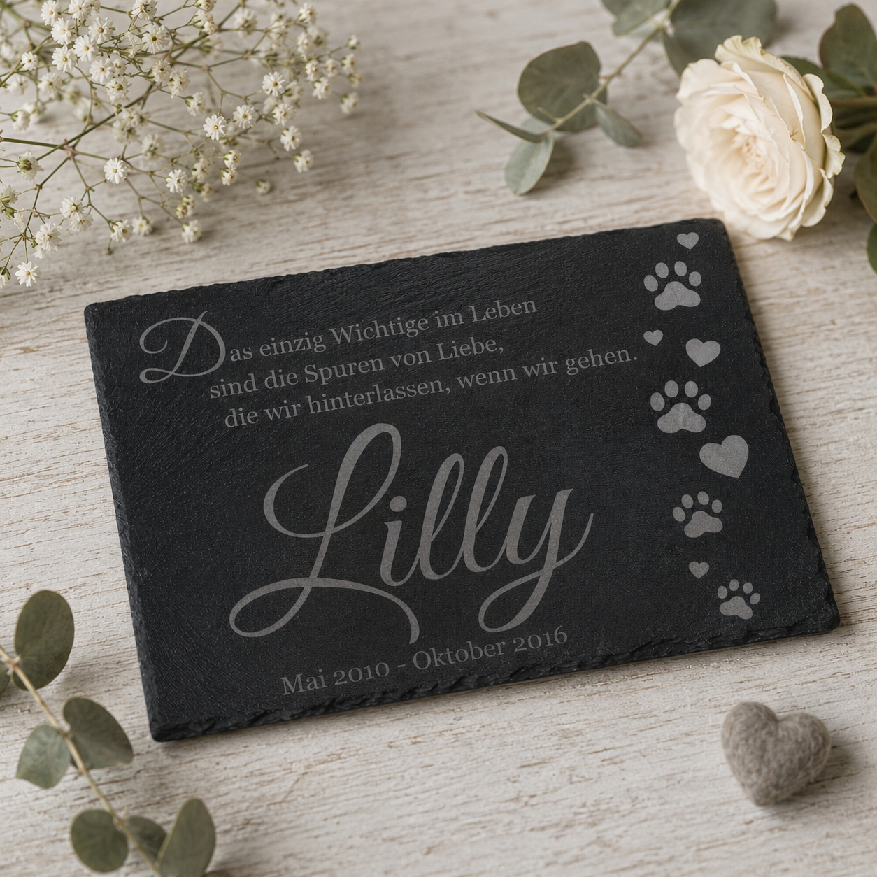 Gedenktafel personalisiert für Tiere aus Schiefer - Motiv "Katzenpfoten"