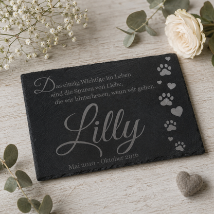 Gedenktafel personalisiert für Tiere aus Schiefer - Motiv "Katzenpfoten"