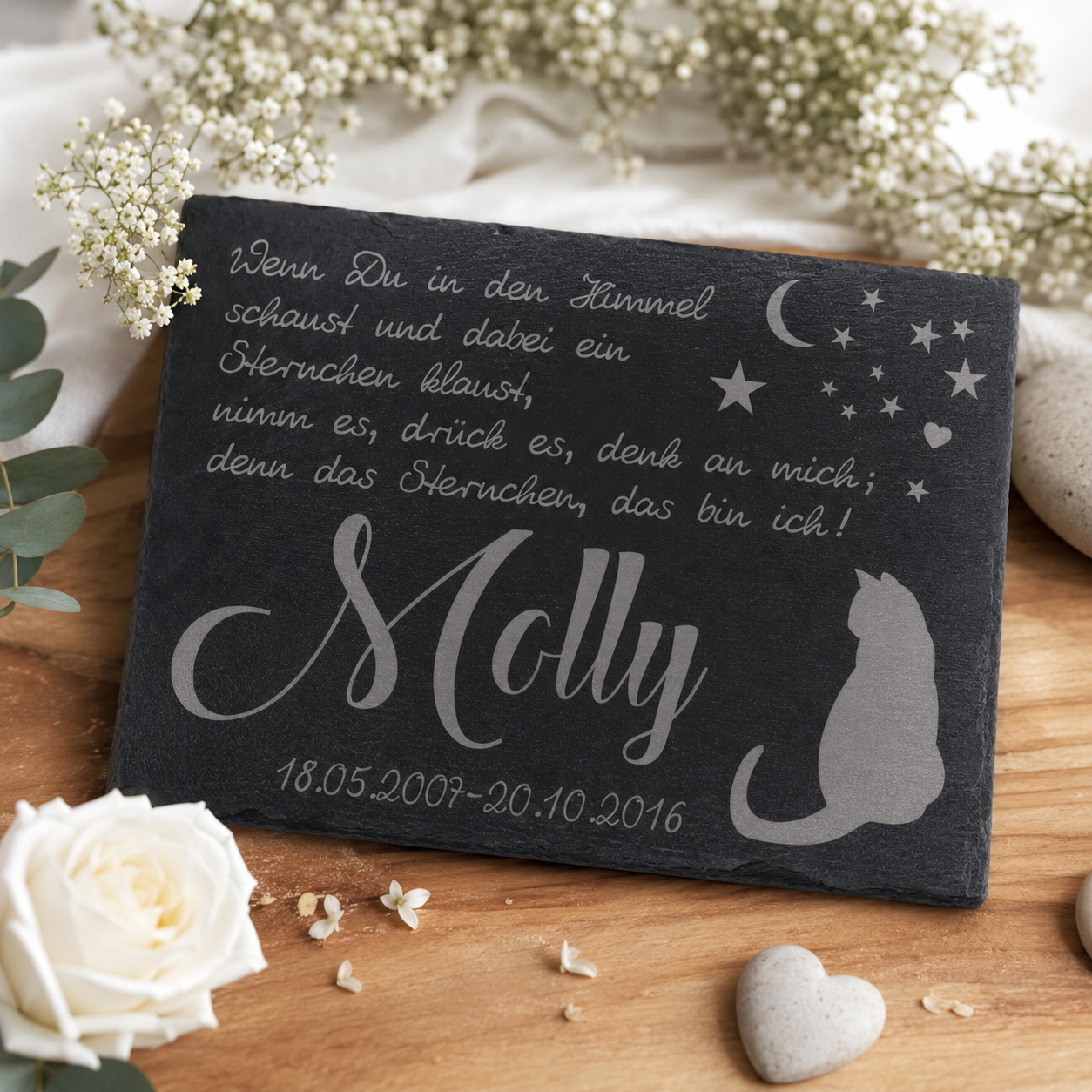 Gedenktafel personalisiert für Tiere aus Schiefer - Motiv "Katzenhimmel"