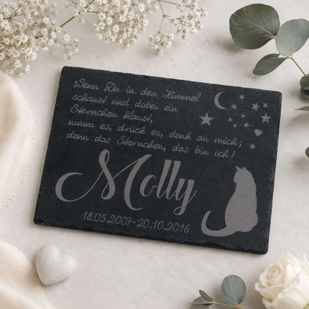 Gedenktafel personalisiert für Tiere aus Schiefer - Motiv "Katzenhimmel"